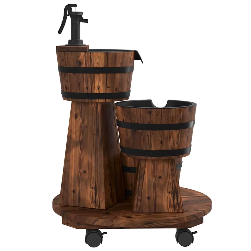Mangloder Fontana da Giardino con Ruote e Pompa in Legno di Abete Massiccio Effetto Bruciato, 55 x 55 x 80 cm, Cascata a 3 Livelli per Giardino, Terrazzo, Esterno, Fontana Decorativa e Gioco Acqua