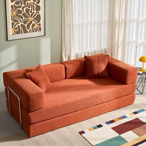 YINIX Foldable Sofa Bed, 78'' Folding Floor Couch, Compressed Convertable Sleeper Sofa, Memory Foam Couch with Pillow Back Support Armrest, 4-in-1 Futon Sofa Bed for Living Room, Orange