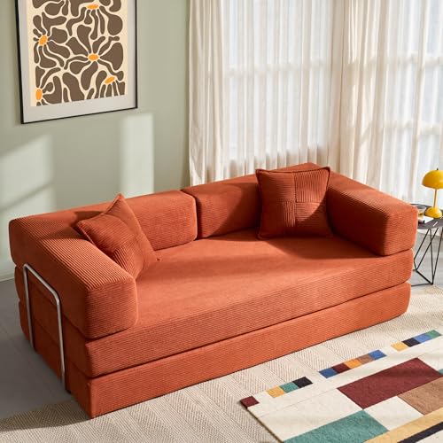 Image of YINIX Foldable Sofa Bed, 78'' Folding Floor Couch, Compressed Convertable Sleeper Sofa, Memory Foam Couch with Pillow Back Support Armrest, 4-in-1 Futon Sofa Bed for Living Room, Orange