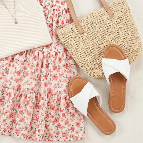 Image of Women's Flat Sandals Round Open Toe Comfortable Fashion Cute Ladies Slides Sandals Women Dressy Summer Flat Leather Casual Fashion Beach Shoes Size 6-11