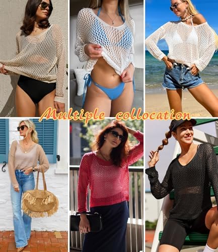 AI'MAGE Womens Crochet Tops Long Sleeve Hollow Out Swim Cover Up 2026 Beach Bikini Swimsuit Summer Tunic Top — view 5