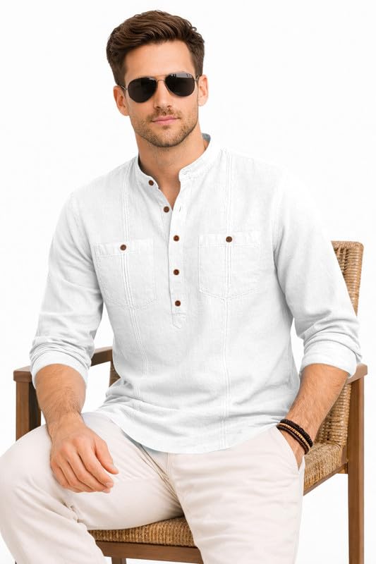 Image of ROYALSCOUT Men's Cotton Polyester Blend Kurta Style Shirt with Mandarin Collar, Half Button Placket, Dual Chest Pockets, Long Sleeve Casual Ethnic Fusion Wear for Office, Festive and Daily Use