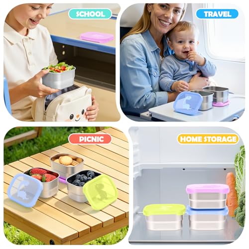 Image of Tanjiae 3x8oz Small Stainless Steel Snack Containers - 230mL Leakproof Food Containers with Cute Dino Lids | LFGB Certified, Stackable Metal Snack Box for Home, Office, Travel