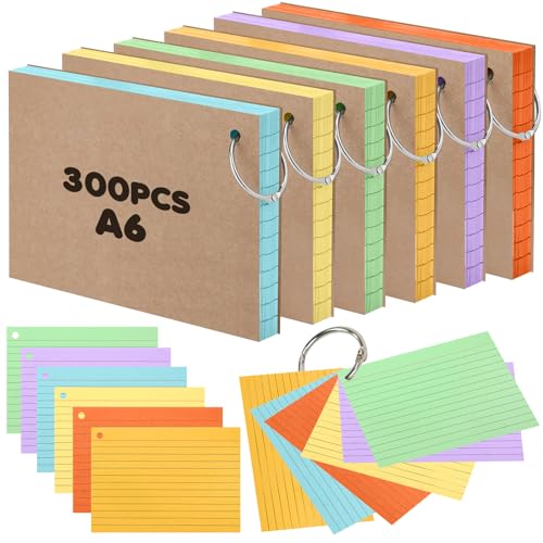 EOPUOZS Fiches Bristol A6 Lignées, 300 Cartes d’index Couleurs avec 6 Anneaux de Reliure, Fiches de Qualité Supérieure pour Notes, Entraînement au Vocabulaire, Formules et Préparation aux Examens