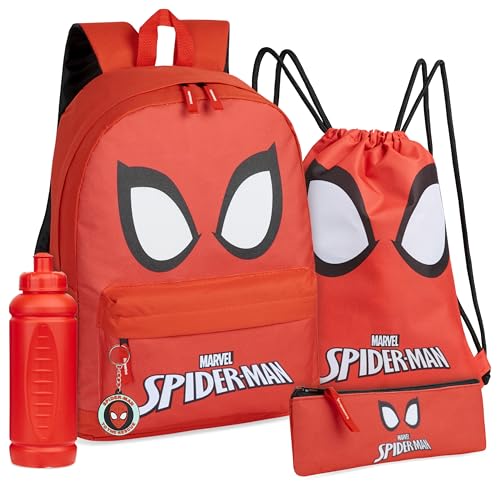Marvel School Bag Set, 5 Piece Set with Backpack, Drawstring Bag, Pencil Case, Water Bottle & Keyring - Boys Gifts (Red Spiderman)1