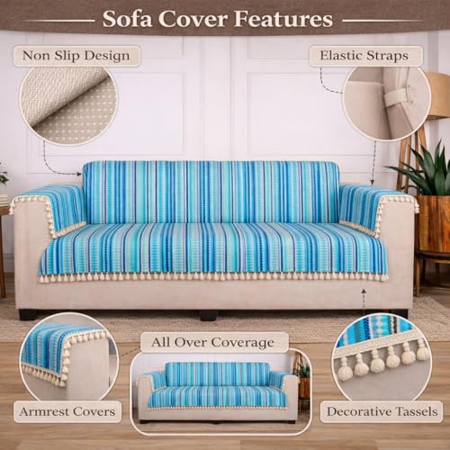 Image of Gifts Island Woven Acrylic Cotton Sofa Cover Mat, Blue Striped with Decorative Tassels, Non-Slip Design with Elastic Straps, 3 Seater and 1 Seater Mats with 6 Armrest Covers (Blue, 3+1+1 Seater)