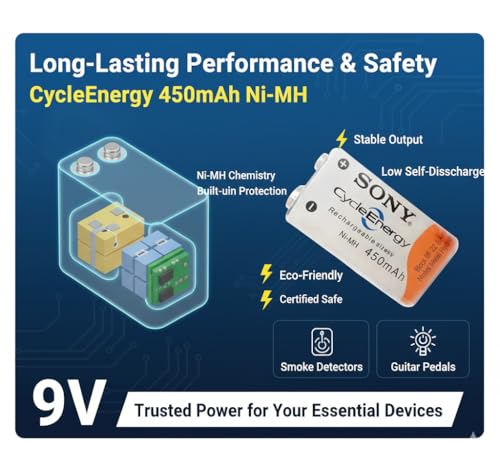 Image of Designed for Sony 450mAh New and Improved Rechargeable Size 9V Cycle Energy Nickel-Metal Hydride (Ni-MH) Japan Technology Battery (Pack of 1)
