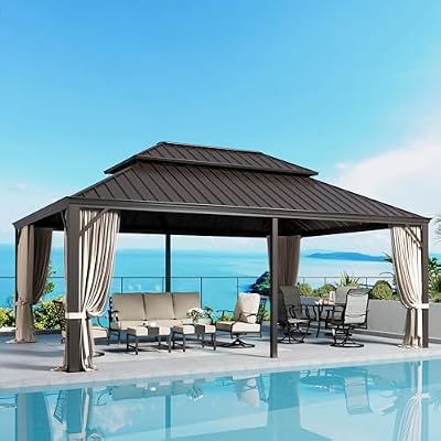 SUNSHINE VALLEY 14'x20' Hardtop Gazebo, Permanent Aluminum Outdoor Gazebo with Galvanized Steel Double Roof, Heavy Duty Metal Patio Pavilion Gazebo with Netting and Curtains for Deck, Backyard, Garden
