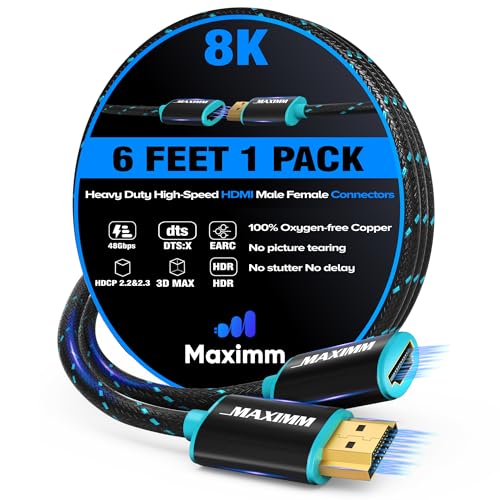 HDMI Extension Cable Male to Female (6 Feet), 8K & 10K Ultra HD, High-Speed, HDCP, ARC, 3D, 1080p to 2160p Video, 50Gbps Bandwidth