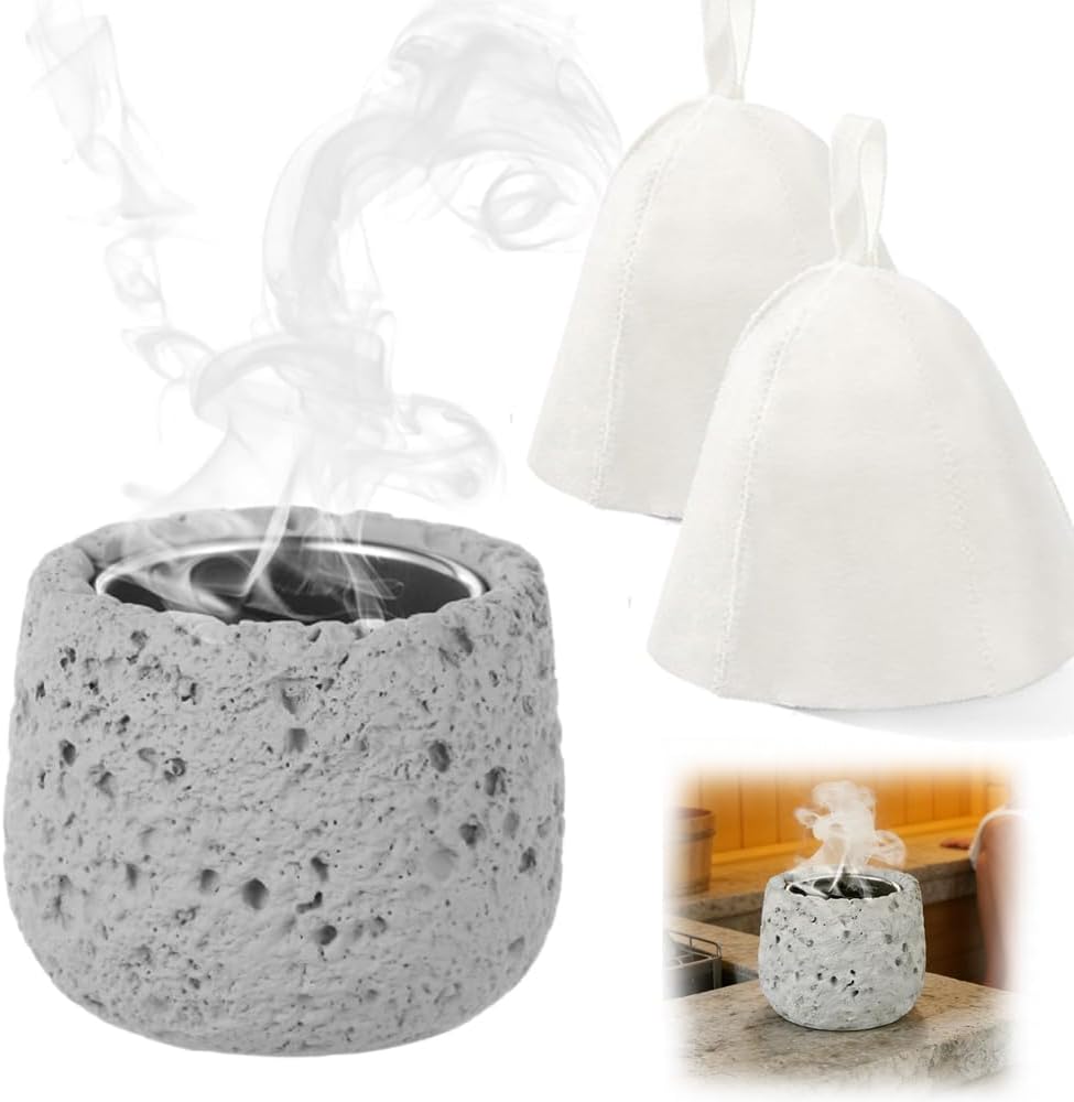 Sauna Aromatherapy Stone Cup with 2 steam Hats, Round Oil Holder Aroma Fragrance Essential Oil Sauna Accessories with Stainless Steel Bowl for Spa