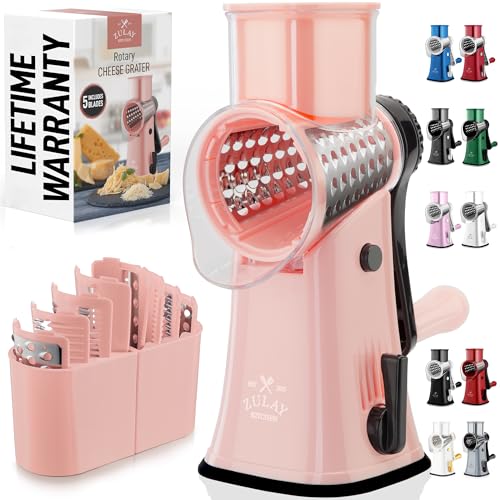 Image of Zulay Kitchen Rotary Cheese Grater 5 Blade Cheese Shredder - Manual Hand Crank Cheese Grater With Reinforced Suction & 5 Interchangeable Drums - Easy to Use, Vegetable Chopper Round Mandoline Slicer