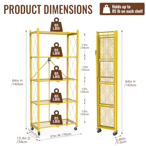 Image of black leopard 5-Tier Foldable Metal Storage Shelf with Wheels, Gold | Foldable Design; 85 lb Capacity per Shelf; Preassembled Frame; Lockable Casters; Reinforced Metal Construction