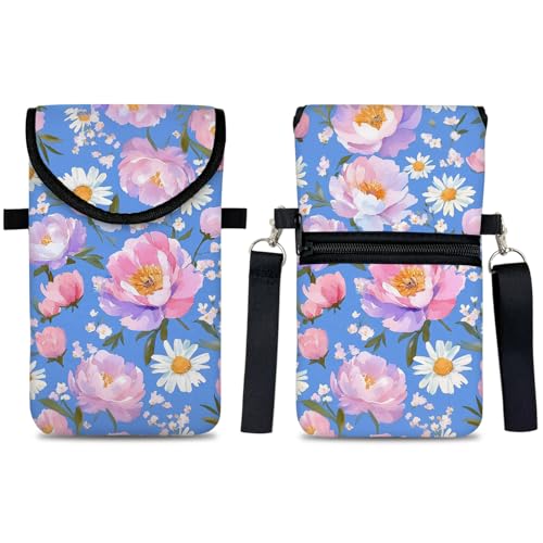 Image of Neoprene Cell Phone Sleeve Pouch Case Bag with Crossbody Strap Neck Lanyard for Women 7.5 X 4.3 in Sky Blue Flower