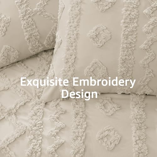 Image of Twin XL Comforter Set- 5 Pieces Tufted Bed in a Bag Twin Bedding Sets | All Season Shabby Chic Boho Bedding with Comforter, Sheets & Pillowcases, Beige