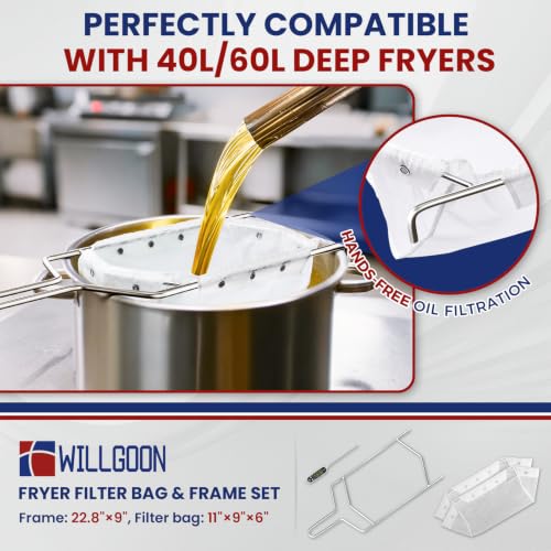 Image of 2 Pcs Deep Fryer Filter Bag & Frame Set, Reusable Oil Strainer Compatible with 40L /60L Deep Fryers, Fine Mesh to Capture Crumbs, Durable for Home & Commercial Use, with 1 Professional Food Thermometer