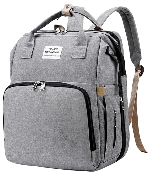 VersaBuy Bolsa de Maternidad Multifuncional con Cuna Portátil Integrada | Mochila de Viaje para Bebé | Impermeable y Organizada | Ideal para Padres Activos | Color Gris Elegante