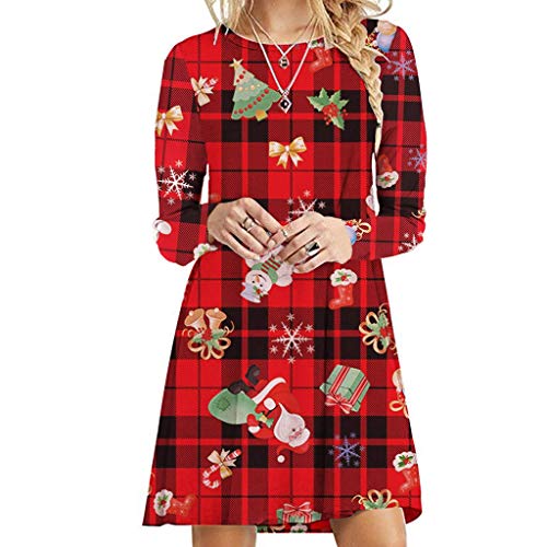 JURTEE Women's Fashion Round Neck Snowman Print Christmas Casual Shift Dress Long Sleeve Short Mini Dress(S,Red)