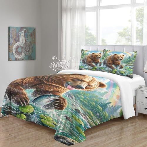 Housse de couette ours brun 3D avec fermeture éclair cachée lit simple