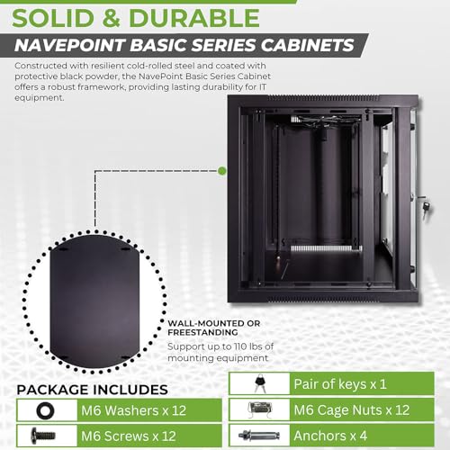 Image of NavePoint 9U Wall Mount Network Cabinet for 19 inch IT Equipment with Lockable Glass Door & Removable Side Panels, 2 Fans, 17.7 inch Deep, Pre-Assembled