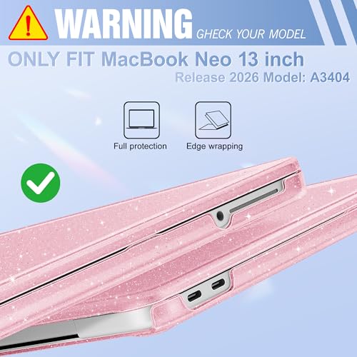 Image of May Chen Compatible with MacBook Neo 13 inch Model A3404 2026 Release, Slim & Lightweigh Frosted Finish Protective Case with Keyboard Cover&Screen Protector, Glitter Pink