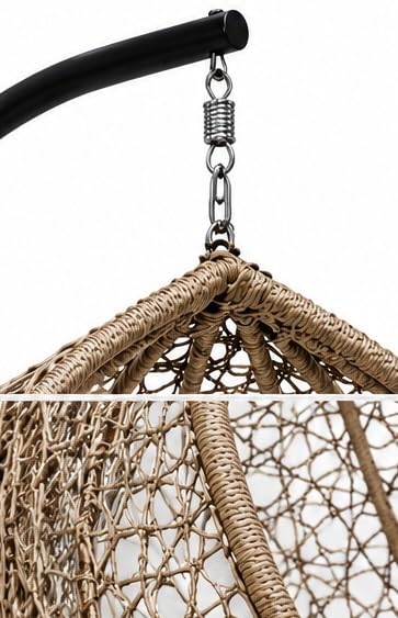 Image of Hindoro Rattan Wicker Wrought Iron Single Seater Swing Chair with Stand & Cushion & Hook Outdoor || Patio || Living Outdoor Furniture (Beige with White, Oval), 106.7 x 106.7 x 203 Cm
