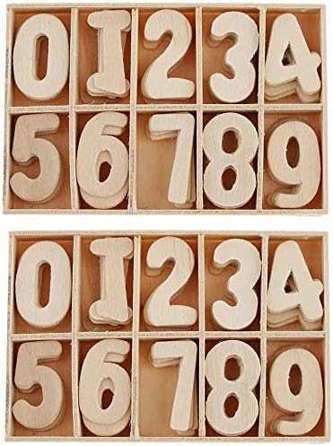 POFET Mixed Wooden 0-9 Numbers Unpainted DIY Decorations Kids Early Educational Learning Toys Games 120pcs (Numbers) with Storage Box Trays