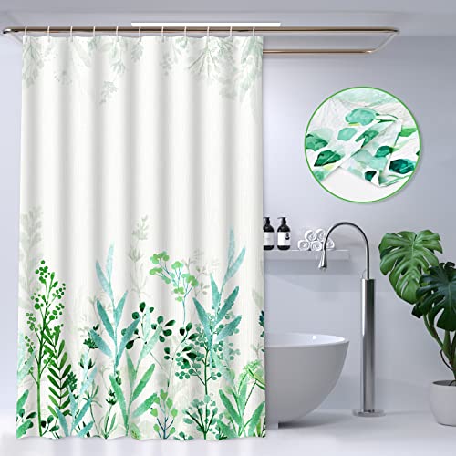 Alishomtll Cortina de ducha con 12 ganchos, diseño de hojas, lavable, tela antimoho, impermeable, cortina, con dobladillo de peso, 175 x 178 cm, color blanco y verde Cover