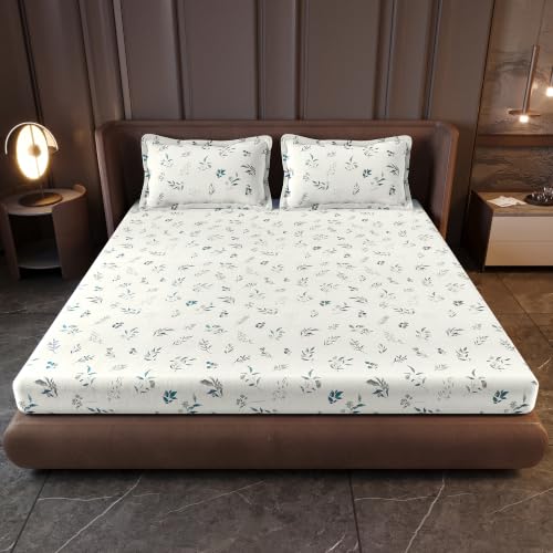 Image of Divine Casa King Size Fitted Bedsheet with 2 Pillow Covers (200 x 180 CM) | Cotton Twill Satin Floral Print | Cream Beige Elastic Fitted Sheet for Mattress.