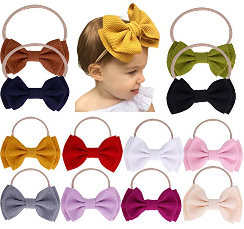 Baby Girl Nylon Headbands Newborn Infant Toddler Bow Hairbands Soft Headwrap Children Hair Accessories (beige/gray/purple - 12pcs)
