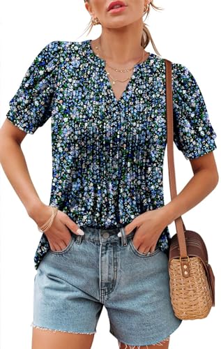 ROSELINLIN Womens Short Sleeve Shirts Loose Summer Floral Tunic Tops2