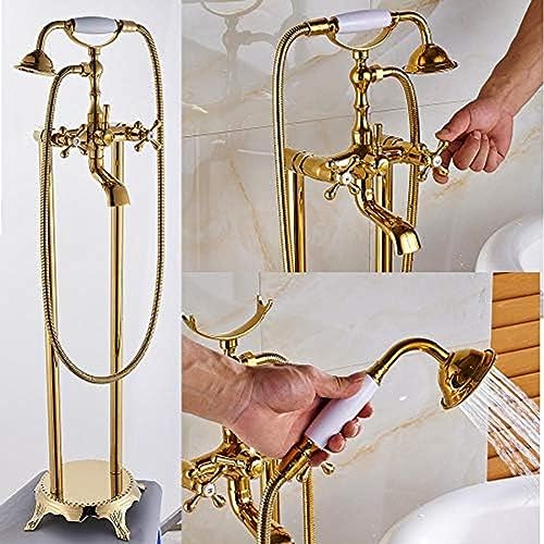Colonne de douche dorée autoportante pour baignoire îlot avec mitigeur haut de gamme à deux manettes