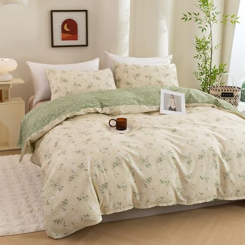 ECOCOTT Duvet Cover King Size - Reversible Green Floral Duvet Cover Set, Ultra Soft & Breathable Comforter Cover with Zipper Closure 4 Ties Bedding Set for Girls and Women