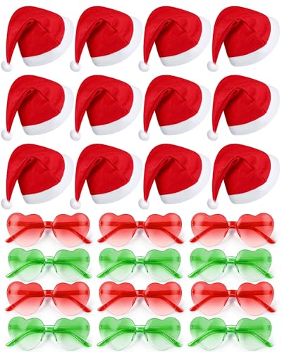 Mepase 24 Pcs Christmas in July Party Supplies 12 Christmas Santa Hats 12 Vintage Sunglasses Red Xmas Holiday Hats Costume for Women Men Adults Summer Party Decoration (Heart Red-green Gradient)