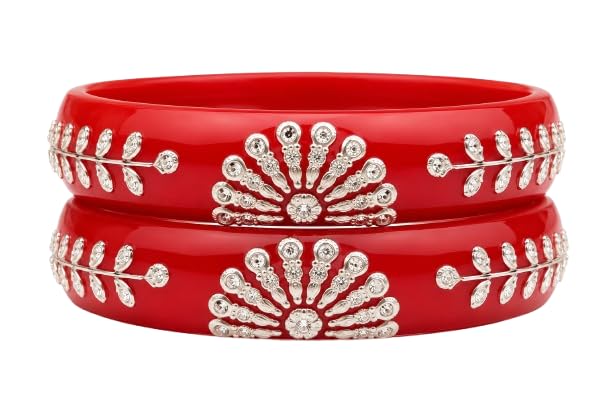 925 Silver Gold-Plated Pola Bangles for Women | Hallmarked Red Lac Kada Set of 2 | Traditional Floral Peacock Feather Design with Leaf Vine Work | 20.44g | Size 26-picture-33
