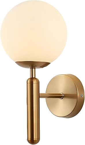 White Glass Ball Wall Light 150 mm, White Glass Globe with Gold Brass Base Wall Light (Golden Brass)