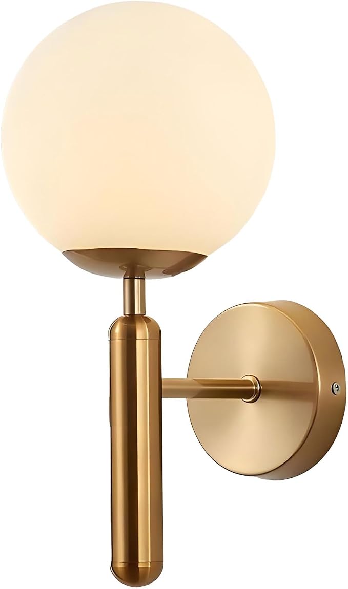 Aplique de pared con bola de cristal blanco de 150 mm, globo de cristal blanco con base dorada de latón, lámpara de pared (Latón Oro) (GTH-WL)