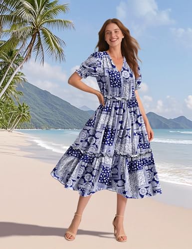 Image of YESNO Summer Floral Midi Dresses for Women V Neck Puff Short Sleeve Frill Trim Dress with Pockets EVX
