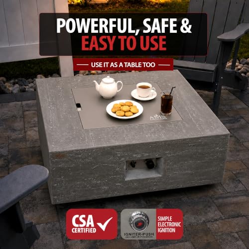 Image of AMS Creations | Albany 36 inches Square Natural Gas Outdoor Fire Pit Table | Concrete GFRC Fire Pit Table | with SS Lid, Canvas Cover, Lava Rock and Wind Guard Included