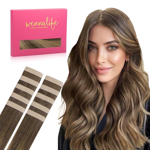 Image of WENNALIFE Tape in Hair Extensions Human Hair Balayage Chocolate Brown to Caramel Blonde Tape in Extensions, 10pcs 30g 20 inch