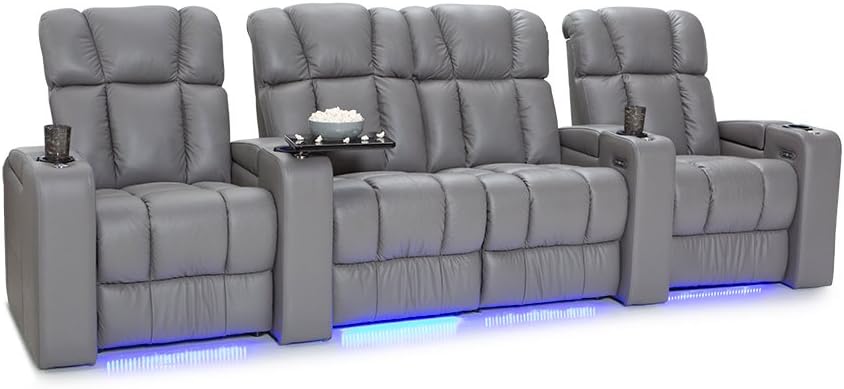 Palliser Collingwood Leather Home Theater Seating Power Recline - (Row of 4,w/ Center Loveseat, Gray)