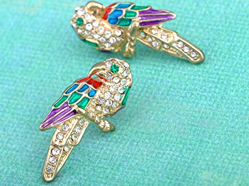 Image of Alilang Golden Tone Sparkly Clear Rhinestones Colorful Enamel Parrot Brooch and Earrings Fashion Jewelry Set