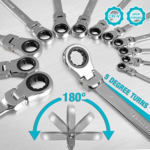 GEARDRIVE Flex-Head Ratcheting Combination Wrench Set, SAE, 13-piece, 5/16'' to 1'', Chrome Vanadium Steel Construction with Rolling Pouch