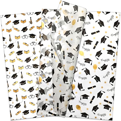 LIAPAWPAW Graduation Tissue Paper Metallic Black and Gold Tissue Paper for Gift Bags & Packaging Congrats Cap Diploma Gift Wrapping Art Crafting Supplies for 2026 Graduation Party 60 Sheets 20x14in