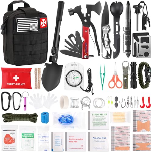 Survival First Aid Kit, 248PCS Survival Tools Camping Essentials Tactical Gear Emergency Trauma Medical Supplies Packed in a MOLLE Pouch, Saber Card,Cool for Men Camping Hiking Outdoor Activities