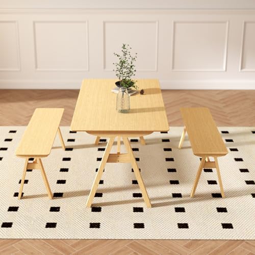 Image of DUOMAY Wooden Dining Table, Square 59 inch Wide Kitchen Table for 4-6 People, Mid Century Rectangular Dinner Table with Trestle Base for Home Restaurant, Original Wood Color