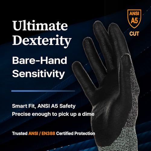 DEX FIT Level 5 Cut Resistant Gloves Cru553, 3D-Comfort Fit, Firm Grip, Thin & Lightweight, Touch-Screen Compatible, Durable, Breathable & Cool, Machine Washable; Grey L (9) 1 Pair