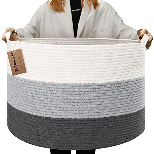 Image of MXMHOME Large Cotton Rope Basket,22"x22"x14"Throw Blanket Storage for Living Room Woven Baby Laundry Basket with Handle Nursery Basket Soft Toy Storage Basket Comfoter Cushions Thread Hamper