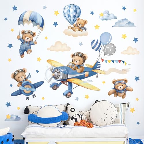 decalmile Airplane with Animals Wall Stickers Hot Air Balloon Bear Clouds Wall Decals Baby Nursery Kids Bedroom Living Room Wall Decor - Image 3