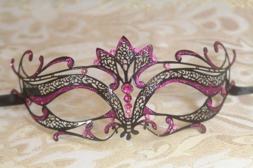 Mysterious Black w/ Pink Gem and Glitter Laser Cut Slim Venetian Swan Design Masquerade Mask for Mardi Gras Or Halloween by RoyalVenetian