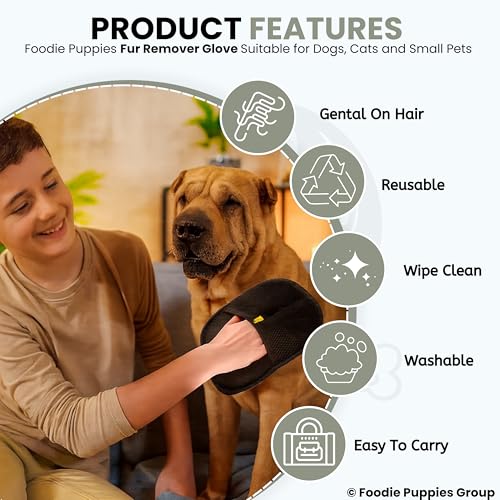 Image of Foodie Puppies Pet Hair Removal Glove for Dogs & Cats (Fur Remover Mitt) | Washable & Reusable Electrostatic Hair Catcher for Clothes, Car, Carpet, Bed & Furniture | Removes Loose Hair (23.5 x 17.5cm)